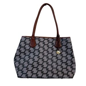 Brahmin‎ Anytime Monogram Tote Bag Gray Brown Leather Shoulder Purse Lrg Handbag